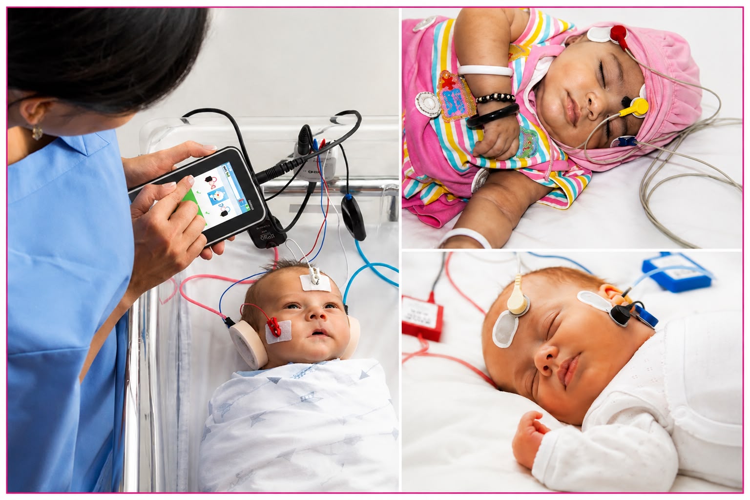 Electrophysiological hearing test in progress — clinician using BERA/ABR equipment with surface electrodes on a sleeping infant at MOM's Speech & Hearing Clinic, Vijayawada