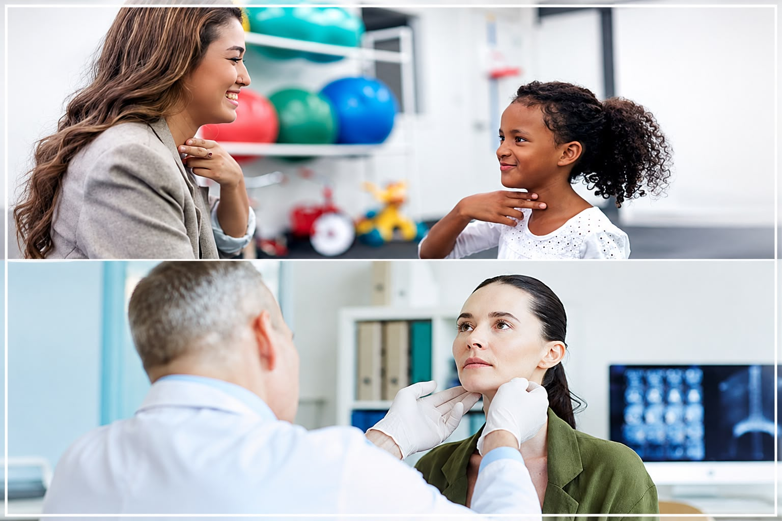 Speech therapist helping a young girl with articulation exercises and a clinician examining an adult patient's throat during a speech and voice evaluation at MOM's Speech & Hearing Clinic, Vijayawada