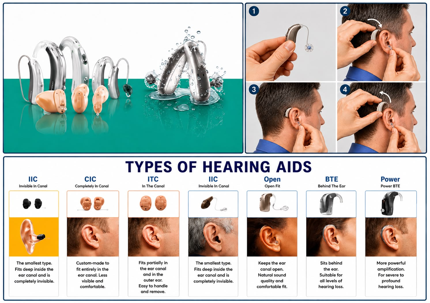 Hearing aid types chart showing IIC, CIC, ITC, Open Fit, BTE and Power BTE styles for trial and fitting at MOM's Speech & Hearing Clinic, Vijayawada