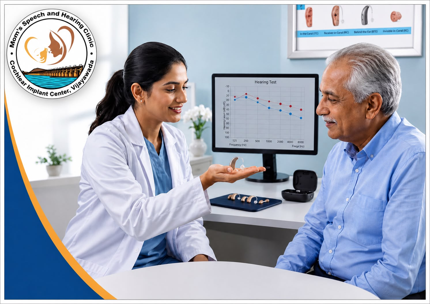 Audiologist fitting a digital hearing aid on a patient at MOM's Speech and Hearing Clinic, Vijayawada
