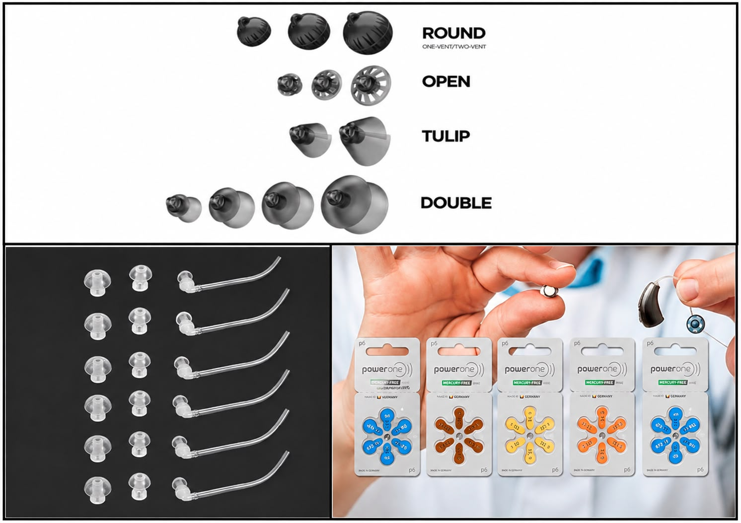 Hearing aid ear mould domes, tubes, and PowerOne battery packs available as accessories at MOM's Speech & Hearing Clinic, Vijayawada