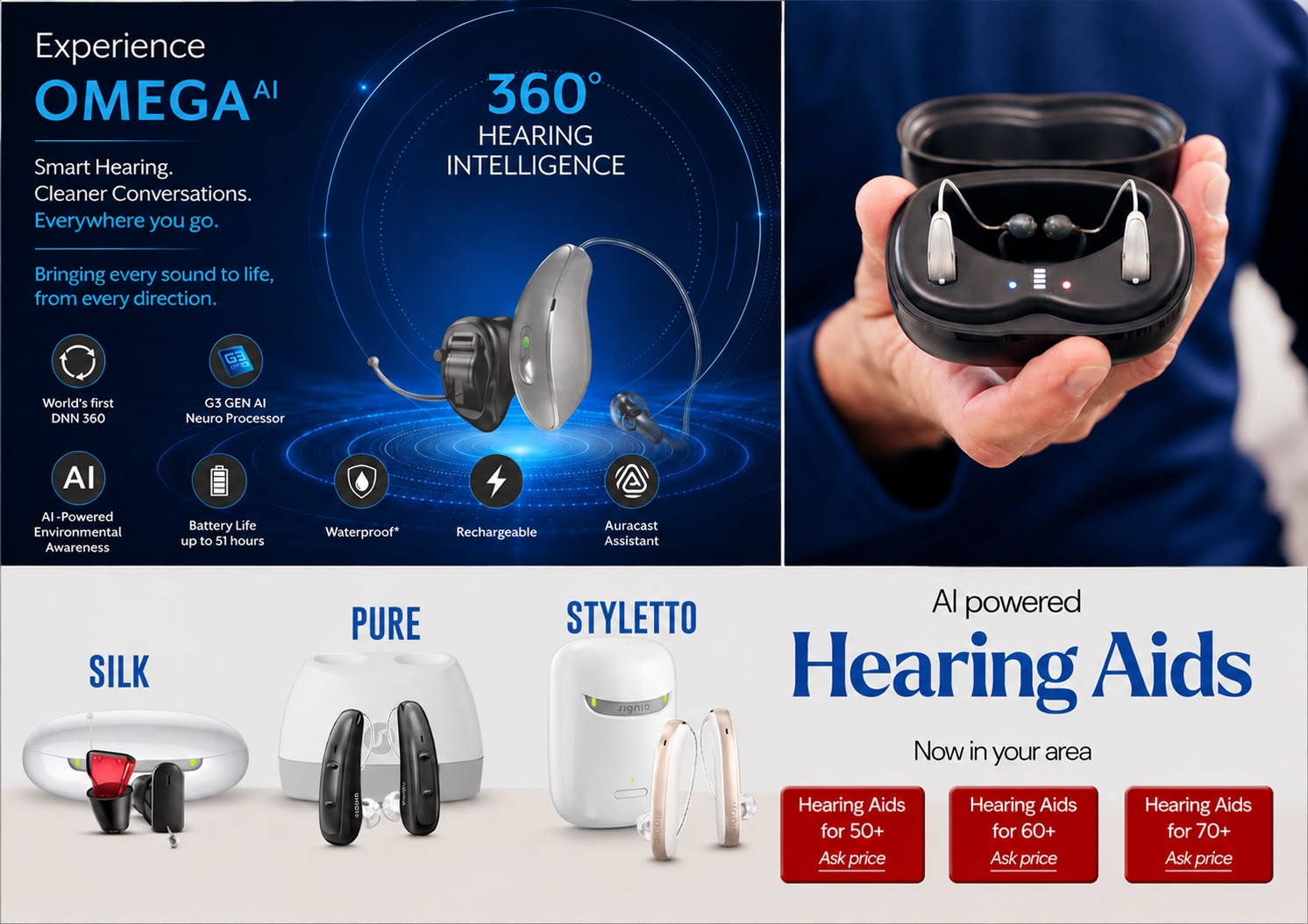 Rechargeable and AI-powered hearing aids including charging cases and smartphone-connected models available at MOM's clinic, Vijayawada