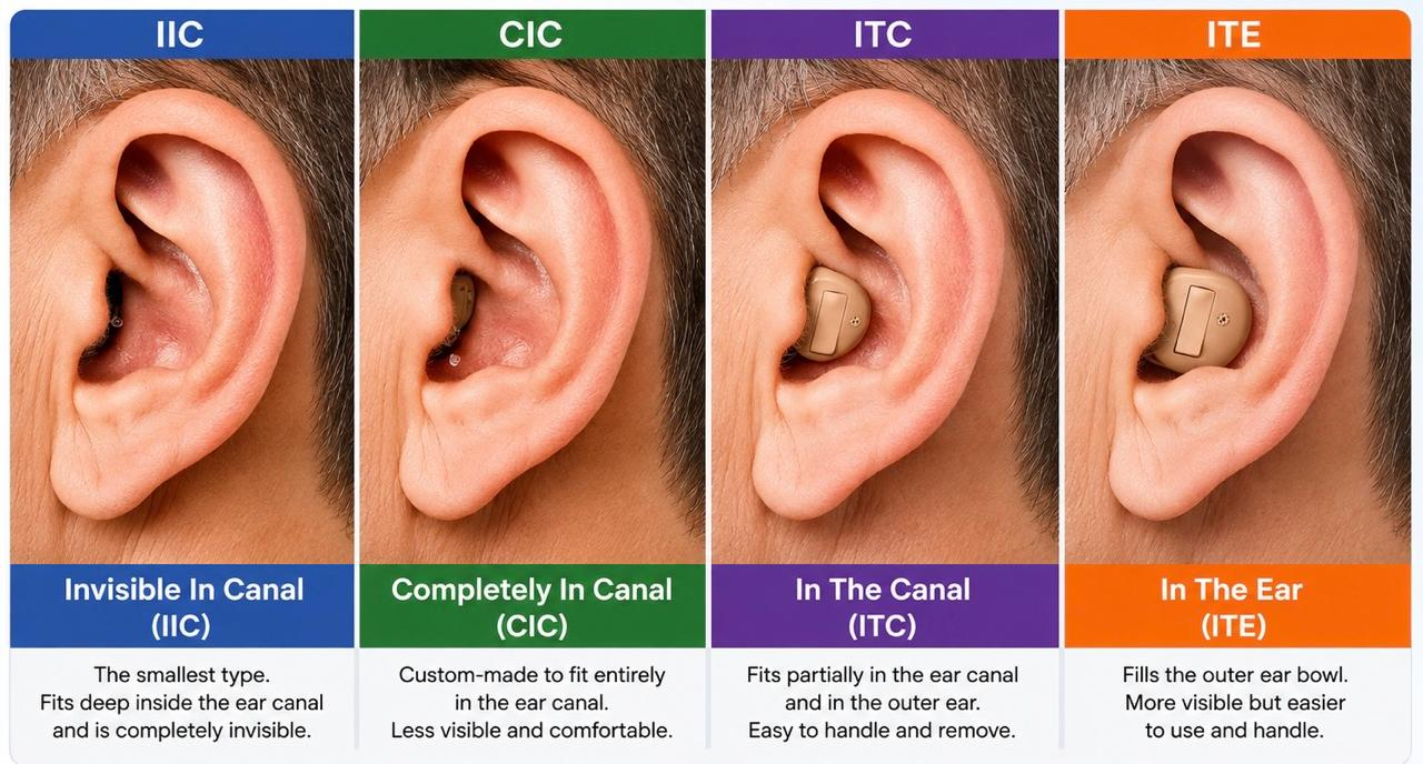 Comparison chart showing completely-in-canal (CIC) and in-the-canal (ITC) custom hearing aids fitted discreetly inside the ear
